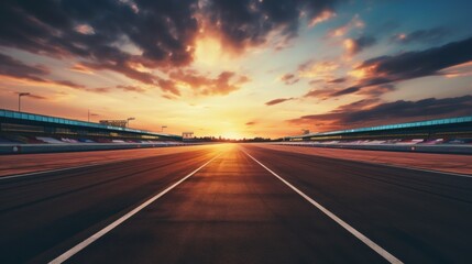 The racing track is veiled in the twilight of the setting sun. - obrazy, fototapety, plakaty