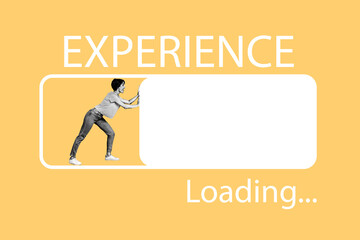Creative illustration metaphor collage funny woman pushing percent indicator of loading progress...