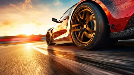 Racing car racer wheel racing on track at sunset - obrazy, fototapety, plakaty