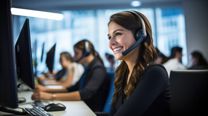 Smiling customer support operator with hands-free headset working in the office - obrazy, fototapety, plakaty