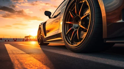 Foto op Canvas Racing car racer wheel racing on track at sunset © pixcel3d