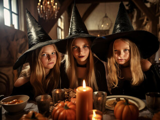 Fototapeta premium Three girls, best friends dressed as spooky witches, having dinner in a gothic hall on Halloween