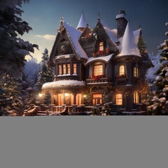 Beautiful wooden house in the winter forest at night. Christmas background