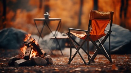 Chair next to a camp fire in the middle of the woods - obrazy, fototapety, plakaty