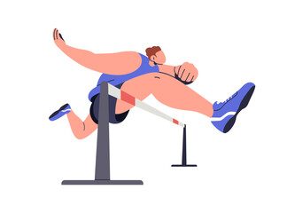 Obraz premium Hurdling sport. Runner athlete running, jumping over obstacle. Man hurdler runner overcoming barrier on race. Athletics, professional sportsman. Flat vector illustration isolated on white background