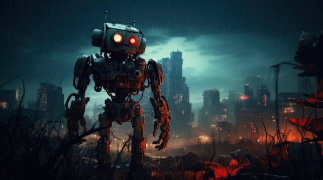 Post-Apocalyptic Journey: A Lone Robot's Quest Through a Rain-Soaked Wasteland