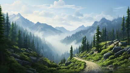 mountain nature road alpine landscape illustration outdoor forest, tourism transport, foggy...