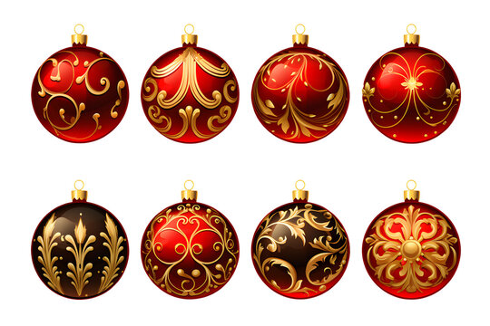 Red and golden elegant  Christmas tree bauble ornaments illustrations isolated on transparent or white background