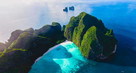 Drone view at Maya Bay Koh Phi Phi Thailand, Turquoise clear water Thailand Koh Pi Pi, Scenic aerial view of Koh Phi Phi Island in Thailand during summer - obrazy, fototapety, plakaty