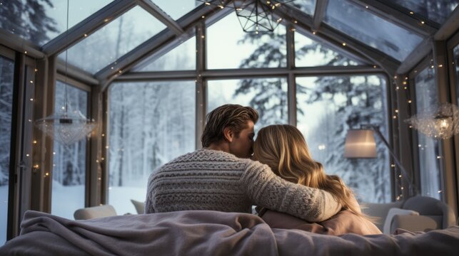 Backview couples embrace each other in their bed within the snow-clad glass house.