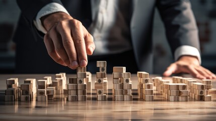 Business hand using domino to build success