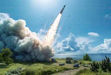 a military missile in flight against the sky. warhead, atomic bomb, chemical weapons - obrazy, fototapety, plakaty