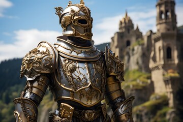 Medieval knight in front of castle, panoramic view.