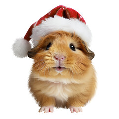 Isolated of funny guinea pig in Santa hat. Christmas pet - obrazy, fototapety, plakaty