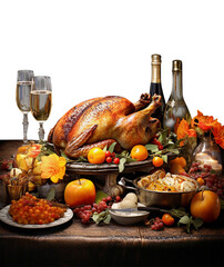 Isolated of Thanksgiving dinner table with whole roasted stuffed turkey served on vintage plate , wine and various other foods. 