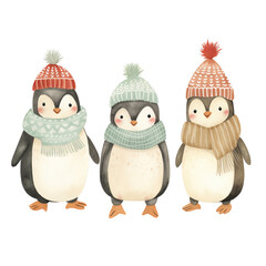 Fototapeta premium Watercolor Cute Christmas Penguins