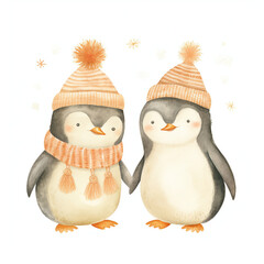 Watercolor Cute Christmas Penguins