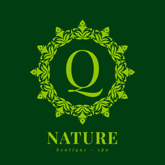 letter Q nature border wreath initial logo for boutique spa and beauty wellness