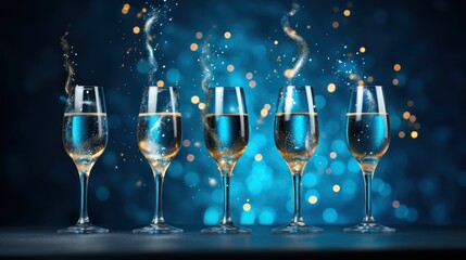 Champagne glasses are arranged against a vibrant gold and blue background at the New Year's celebration.