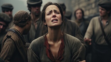 Obraz premium Panic attack in public place. Woman having panic disorder in city. Psychology, solitude, fear or mental health problems concept