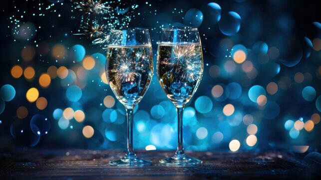 Champagne glasses shimmer against a backdrop of radiant gold and calming blue hues at the New Year's celebration."