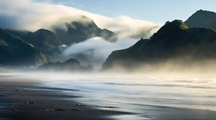 outdoor mountain beach mist landscape illustration ocean front, background summer, travel blue outdoor mountain beach mist landscape