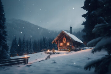 Generative Ai image of a log cabin in snowy woods at night, christmastime card.