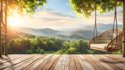 Old wooden terrace with wicker swing hang on the tree with blurry nature background 3d render.
