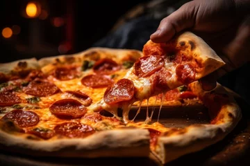 Foto op Canvas Italian pizza New-York slice fast food hot crunchy fresh tasty meal salami tomato mozzarella dinner restaurant bistro pepperoni homemade lunch snack pizzeria italy dough traditional rustic ingredients © Yuliia