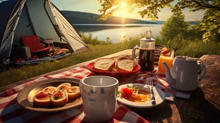 Frying pan with eggs and bacon sizzling on the campfire during outdoor camping.