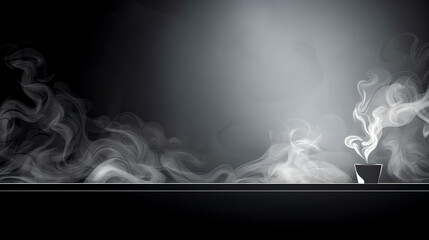 Abstract black and white background with a cup and clouds of steam.