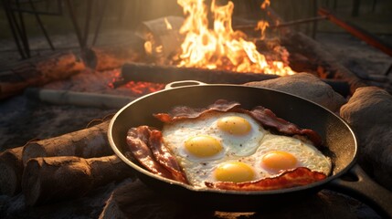 frying pan with fried eggs and crispy bacon on an open fire. - obrazy, fototapety, plakaty