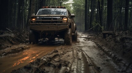 Fototapeta na wymiar the mud behind a truck driving through a muddy forest