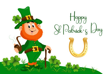 St. Patrick's Day, cute leprechaun with a smoking pipe on a green meadow with clover and a golden horseshoe. Illustration, postcard, vector