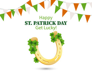 St. Patrick's Day, a golden horseshoe with clover leaves, garlands with flags and a congratulatory inscription. Illustration, banner, postcard, vector