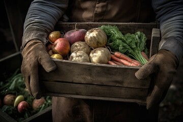 Farmer with boxes of vegetables and root crops in his hands, close up. Generative AI