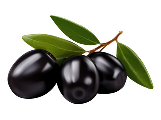 black olives with leaves isolated on transparent background