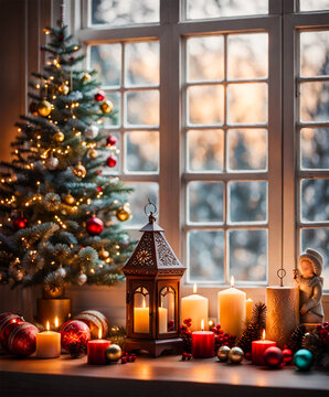 Christmas New Year card. Background. A window with a winter landscape. A Christmas tree with toys and gifts, candles are burning. A joyful mood in the evening.