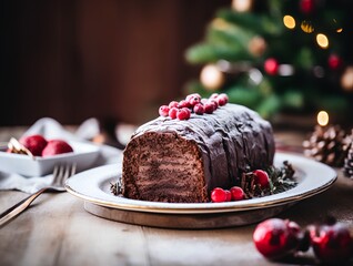 Fototapeta na wymiar Chocolate cake with Christmas background