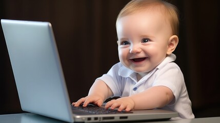 Happy baby boy using a laptop computer at home. Technology concept.