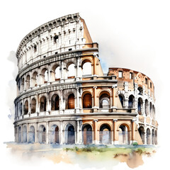 Watercolor Colosseum, single, transparent or white background PNG. AI generated illustration