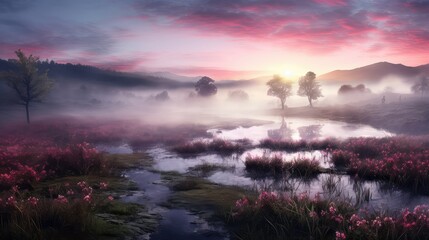 Obraz premium fog peaceful dawn mist landscape illustration sunrise tree, mysterious light, park mystic fog peaceful dawn mist landscape