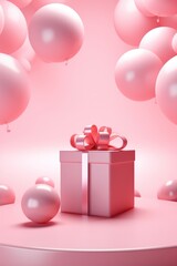 Big pink gift on the background Balloons pink background