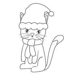 cute black and white cartoon character christmas cat with santa claus hat funny holiday vector illustration for coloring art