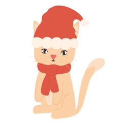 cute cartoon character christmas cat with santa claus hat funny holiday vector illustration 