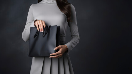 Closeup of woman hand holding shopping bag, online shopping, Black friday sale concept, dark background