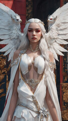 Fantasy princess model with white dress and wings