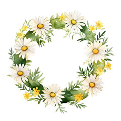 Watercolor daisy flower wreath. Botanical bouquet, Greenery branches. Wedding invitation. Floral wreath. Generative AI