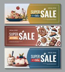 Banners with Italian pizza, pasta, bruschetta, lasagna, olive oil. Italian food, healthy eating, cooking, recipes, restaurant menu concept. Vector illustration for banner, promo, poster.