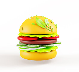 Vegan burger with green spinach leaves on bun 3d render icon. Healthy food, hamburger with plant based meat and vegetables, quinoa and bean cutlet, salad, tomato, cucumber, onion. 3D illustration